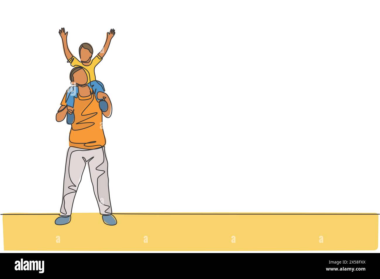 Un disegno su una sola linea del giovane padre felice che gioca insieme e solleva suo figlio sull'illustrazione grafica vettoriale della spalla. Educazione dei genitori co Illustrazione Vettoriale