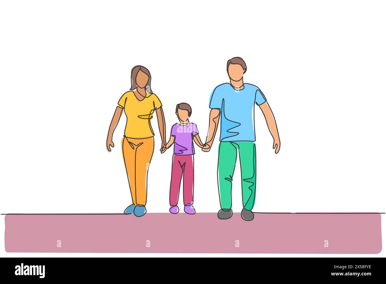 Un disegno su una sola linea di giovani famiglie felici mamma e papà conducono il figlio a camminare insieme tenendo le mani un'illustrazione grafica vettoriale. Edu genitoriale Illustrazione Vettoriale