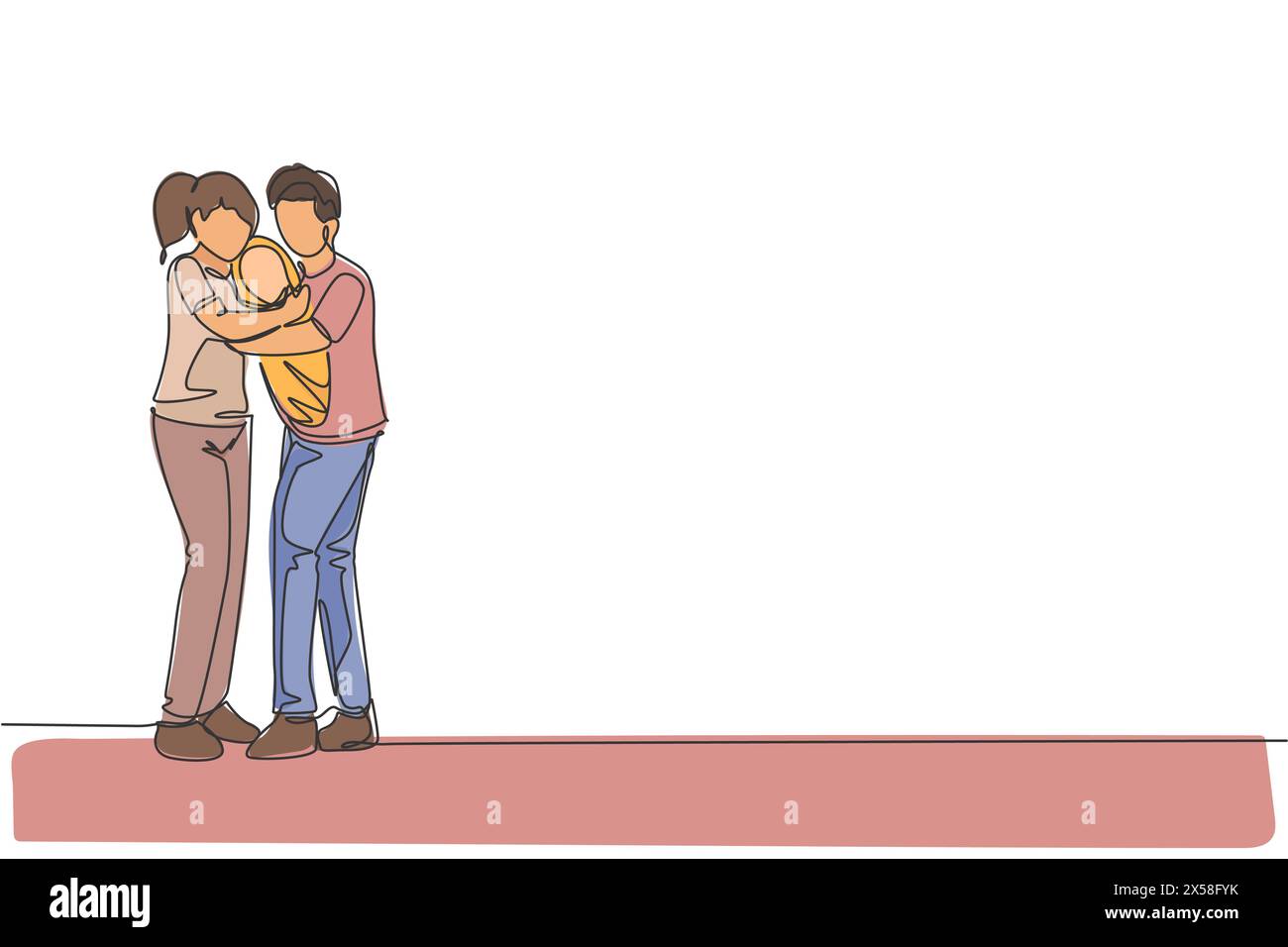 Un disegno su una sola linea di madre e padre felici che abbracciano insieme il loro bambino pieno di immagini vettoriali di calore. Educazione genitoriale c Illustrazione Vettoriale