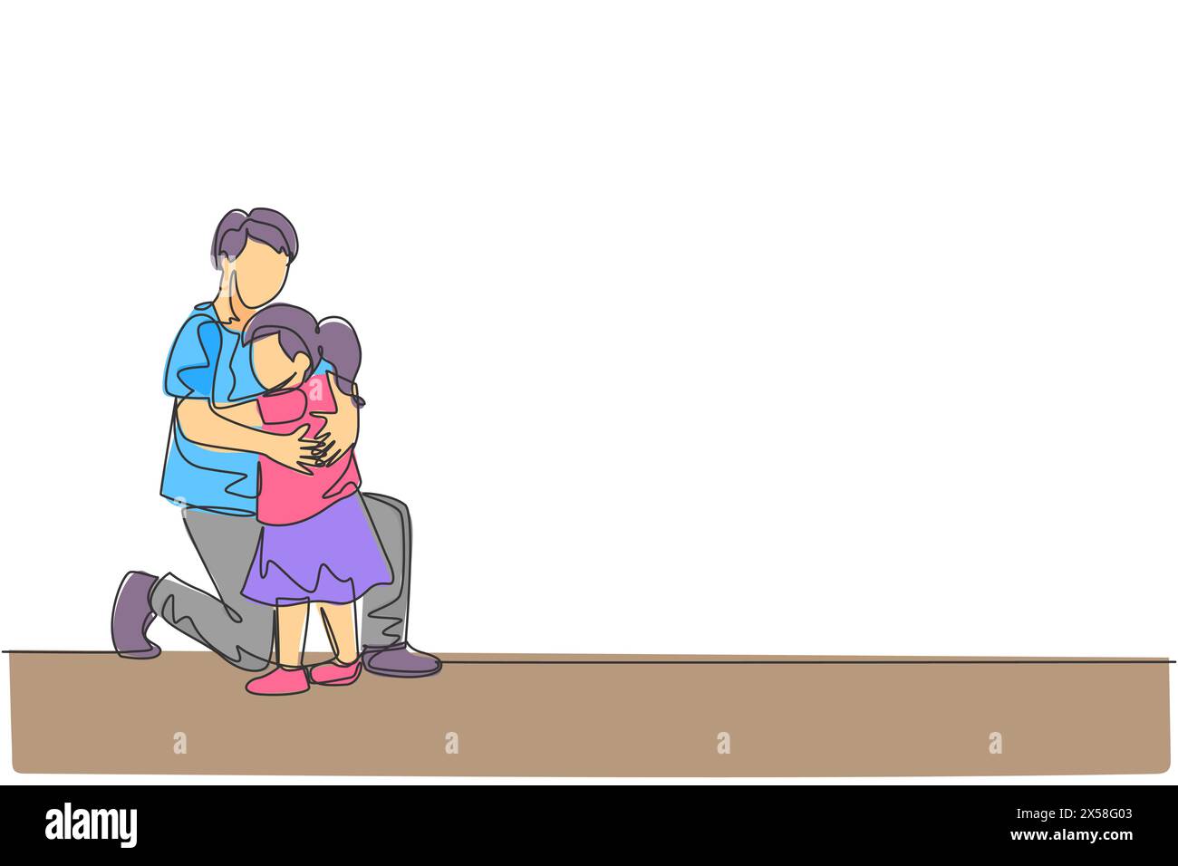 Un disegno su una sola linea del giovane padre felice che abbraccia la sua adorabile figlia piena di calore nell'illustrazione vettoriale della scuola. Concetto di educazione genitoriale. M Illustrazione Vettoriale