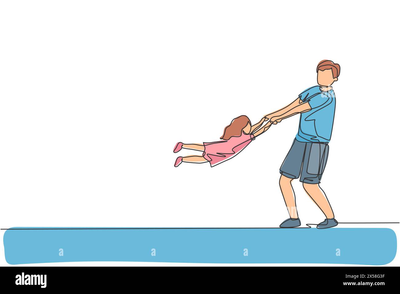 Un unico disegno continuo di un giovane papà che solleva e fa girare sua figlia in aria a casa. Un concetto di famiglia felice. Uno alla moda Illustrazione Vettoriale