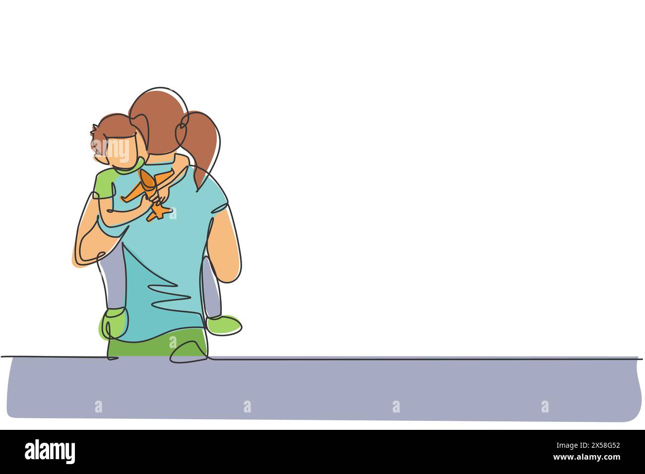 Un disegno continuo della giovane madre che abbraccia il figlio sonnolento mentre tiene in mano il giocattolo dell'aereo a casa, la vita familiare. Un concetto di genitorialità felice. Dinamica S Illustrazione Vettoriale