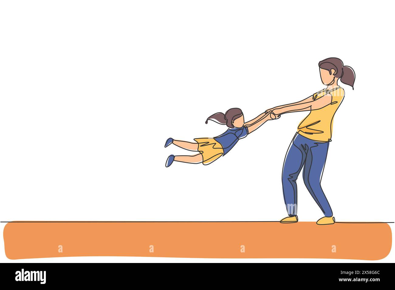 Un unico disegno di una giovane mamma felice che cresce e fa girare sua figlia in aria a casa, illustrazione grafica vettoriale. Parenthoo di famiglia Illustrazione Vettoriale