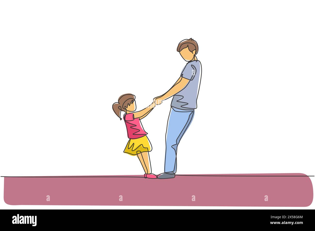 Una sola linea che disegna il giovane felice papà e sua figlia tenendosi per mano e ballando insieme a casa, illustrazione grafica vettoriale. Educ. Genitoriale familiare Illustrazione Vettoriale