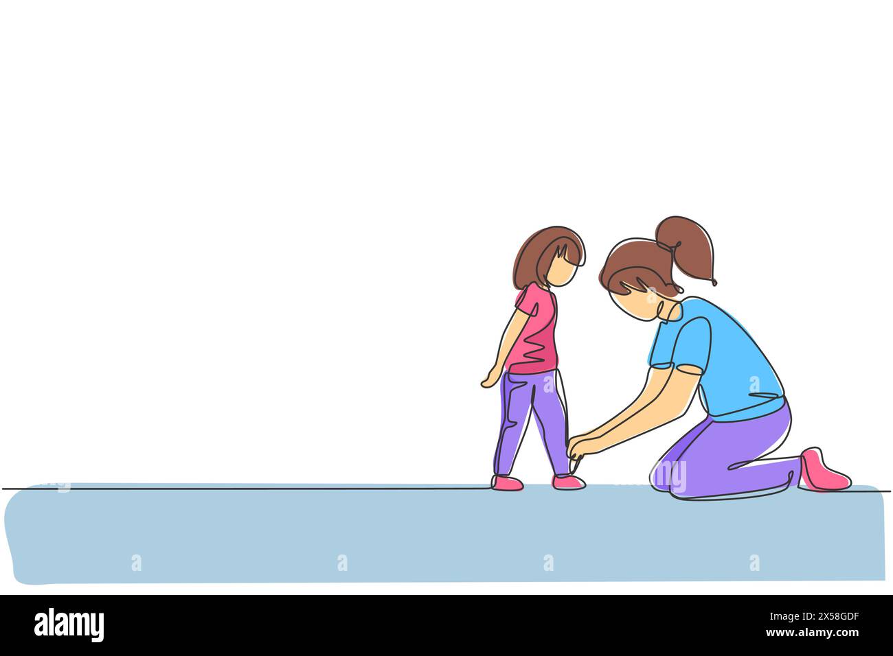 Un unico disegno continuo di una giovane madre che lega le lacci delle scarpe della figlia a casa prima di andare a scuola, genitorialità. Concetto di genitorialità familiare. Alla moda Illustrazione Vettoriale