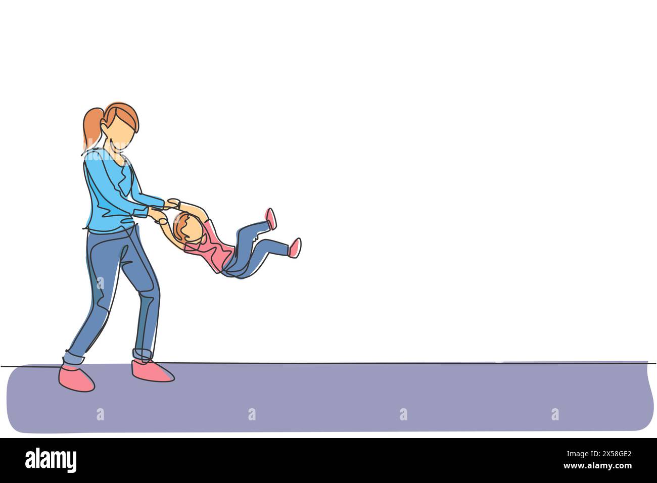 Un unico disegno continuo di una giovane mamma che gioca con suo figlio a casa, sollevando e oscillando a casa, genitorialità. Concetto di genitorialità familiare. Alla moda Illustrazione Vettoriale