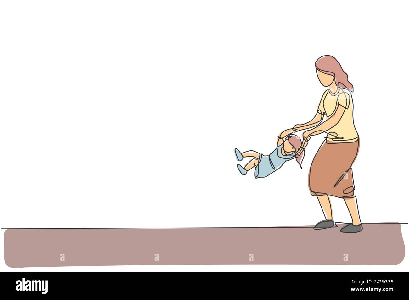 Un disegno continuo di una giovane madre felice che gioca con sua figlia, sollevando e oscillando a casa. Concetto di genitorialità familiare. Dynamic Single li Illustrazione Vettoriale