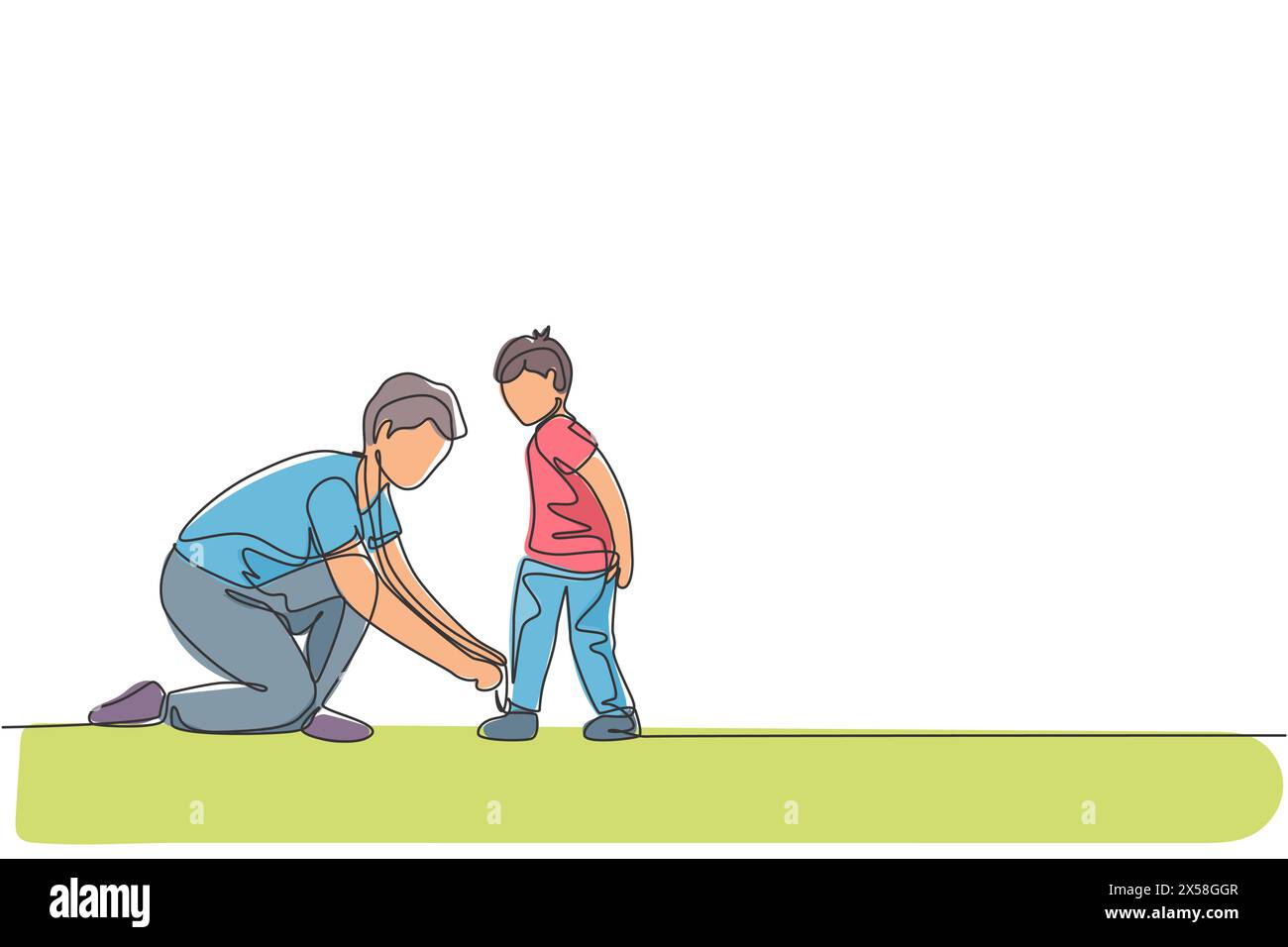 Una sola linea che disegna il giovane padre che lega le lacci del figlio prima di andare a scuola, illustrando i vettori del tempo. Famiglia felice che gioca insieme Illustrazione Vettoriale
