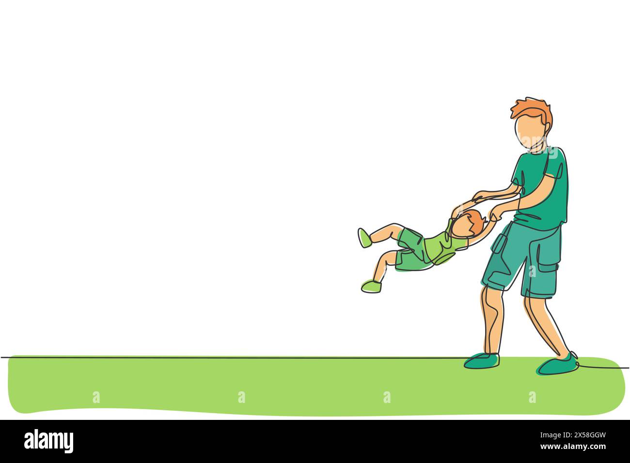 Una sola linea disegna il giovane papà che gioca con suo figlio, solleva e ruota il suo corpo, genitoriale illustrazione vettoriale grafica. Famiglia felice che gioca a tog Illustrazione Vettoriale
