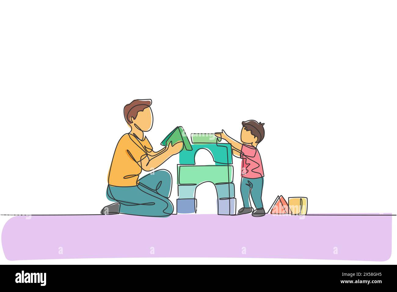 Un disegno continuo di un giovane felice papà che gioca con la casa di costruzione del figlio dal giocattolo in schiuma a blocchi di puzzle a casa. Concetto di genitorialità in famiglia. Dyna Illustrazione Vettoriale