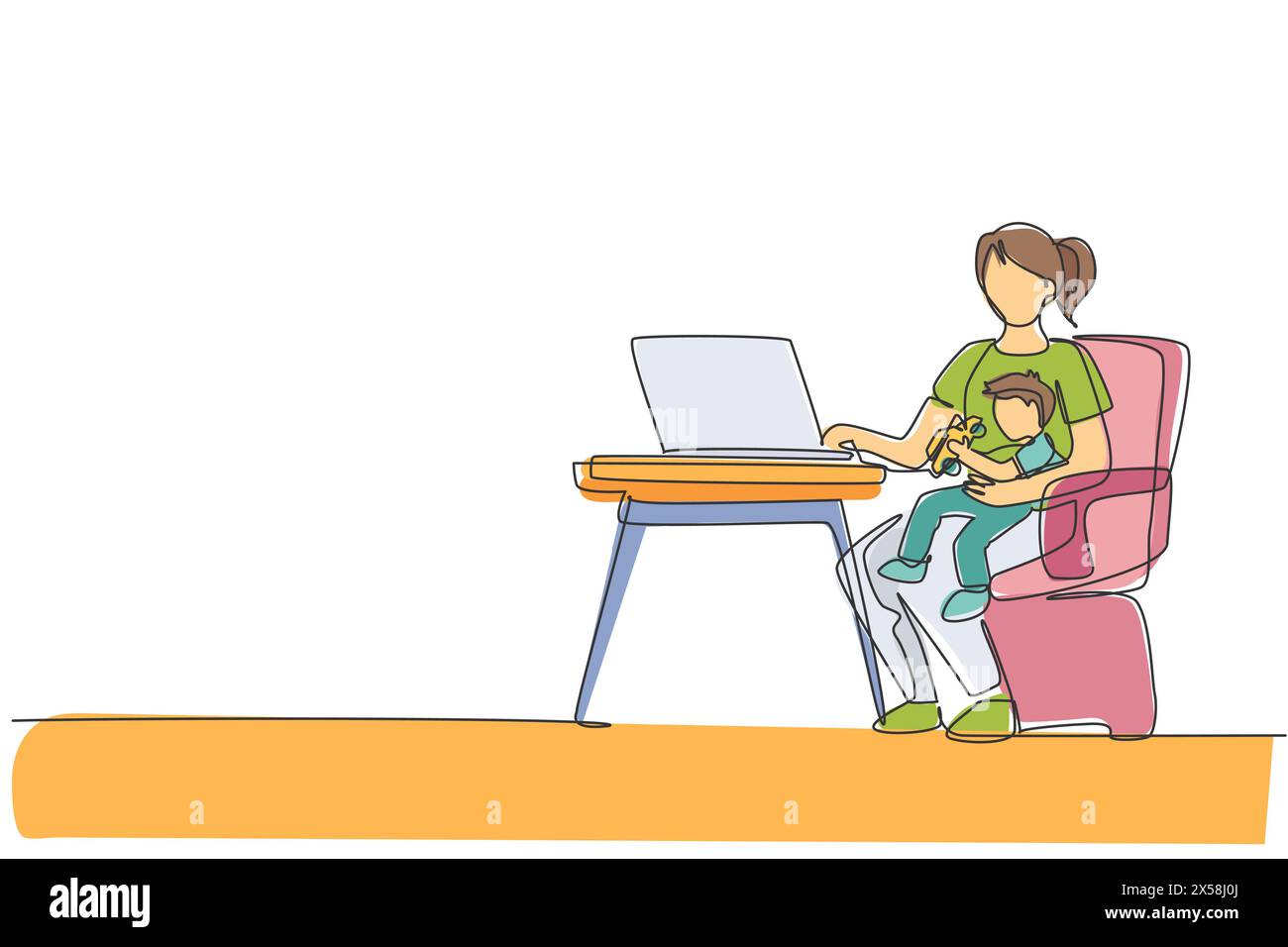 Un unico disegno continuo di una giovane mamma seduta sulla sedia e che tiene in mano il figlio mentre digita sul laptop, lavora da casa. Un concetto di famiglia felice Illustrazione Vettoriale