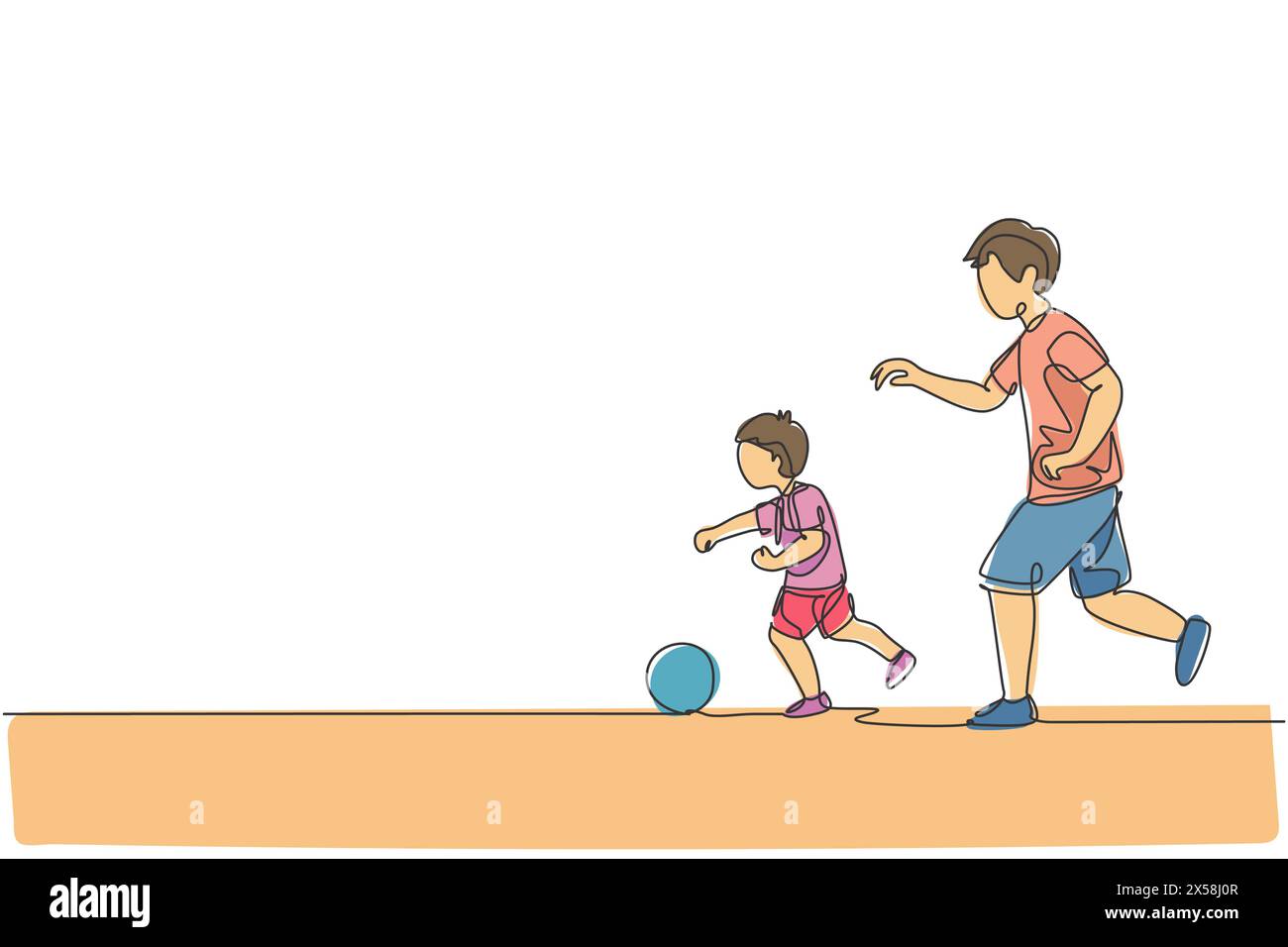 Una linea singola che attira il giovane papà che corre e gioca a calcio con suo figlio in un'illustrazione grafica vettoriale del parco pubblico. Famiglia felice Illustrazione Vettoriale
