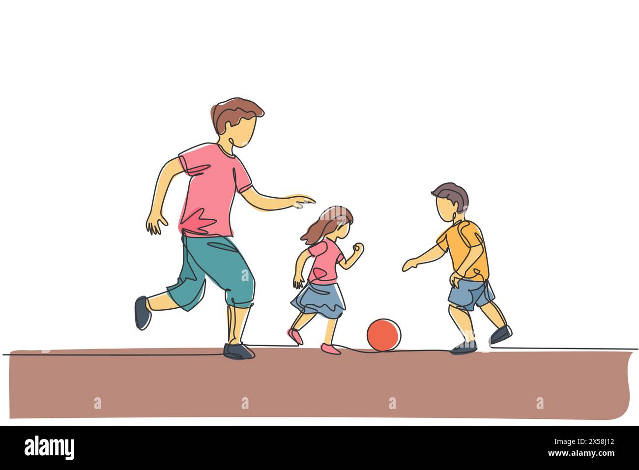 Un disegno su una linea del giovane padre corre e gioca a calcio con suo figlio e sua figlia al parco pubblico illustrazione vettoriale. Un genitore felice Illustrazione Vettoriale