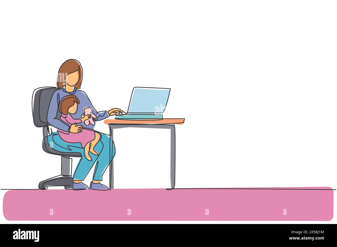 Un unico disegno continuo di una giovane madre seduta sulla sedia e che tiene in mano la figlia mentre digita sul laptop, lavora da casa. Famiglia felice Illustrazione Vettoriale