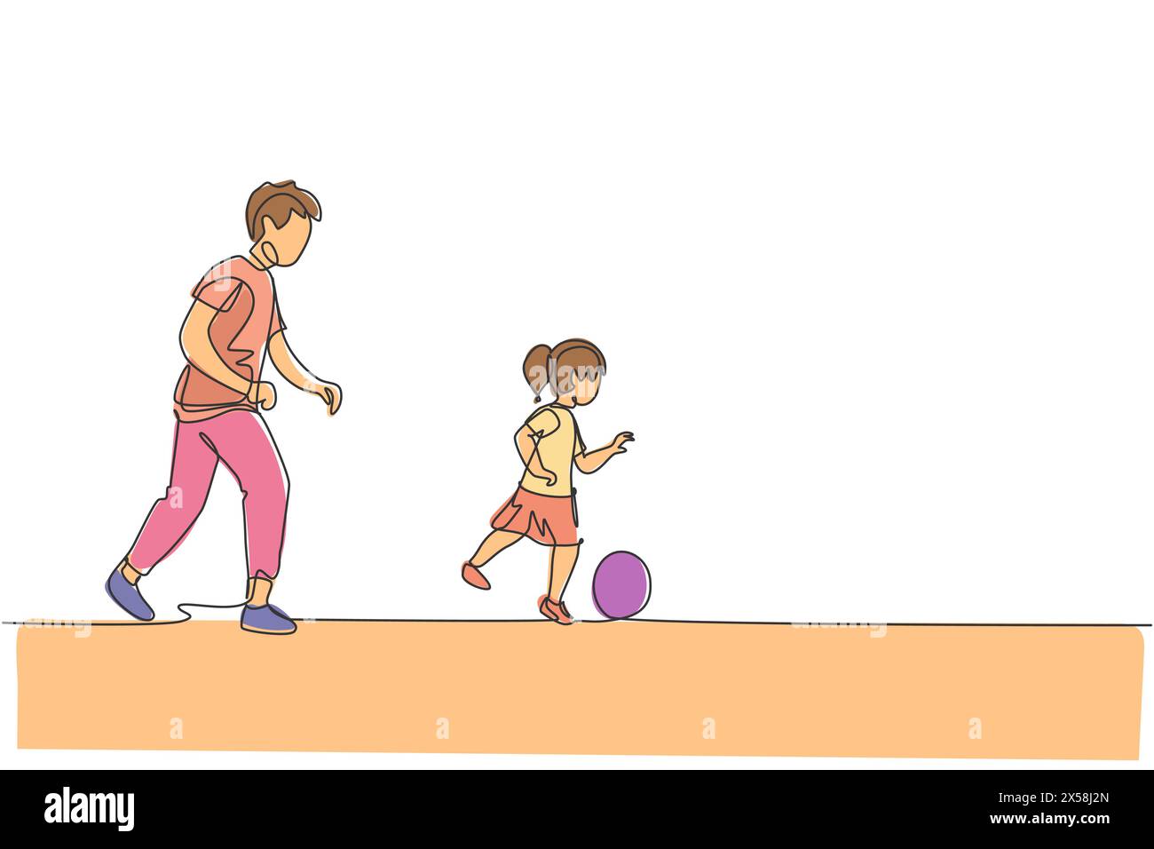 Un disegno su una sola linea del giovane papà che corre e gioca a calcio con sua figlia in un campo pubblico illustrazione vettoriale. Famiglia felice Illustrazione Vettoriale