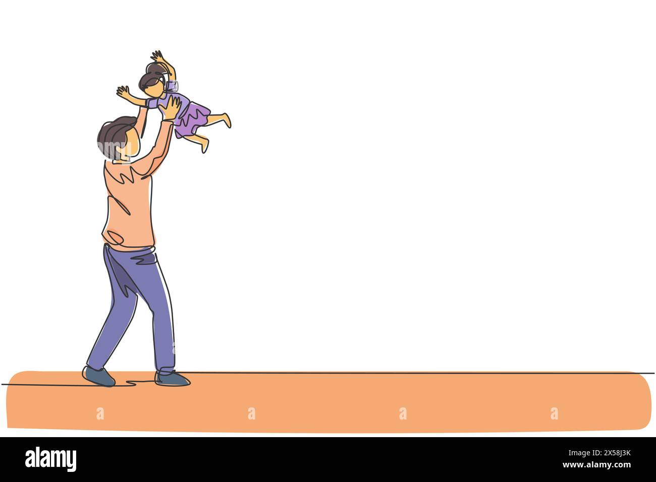 Un disegno continuo di un giovane padre che gioca porta sua figlia in cielo a casa. Concetto di famiglia felice. Linea singola dinamica d Illustrazione Vettoriale