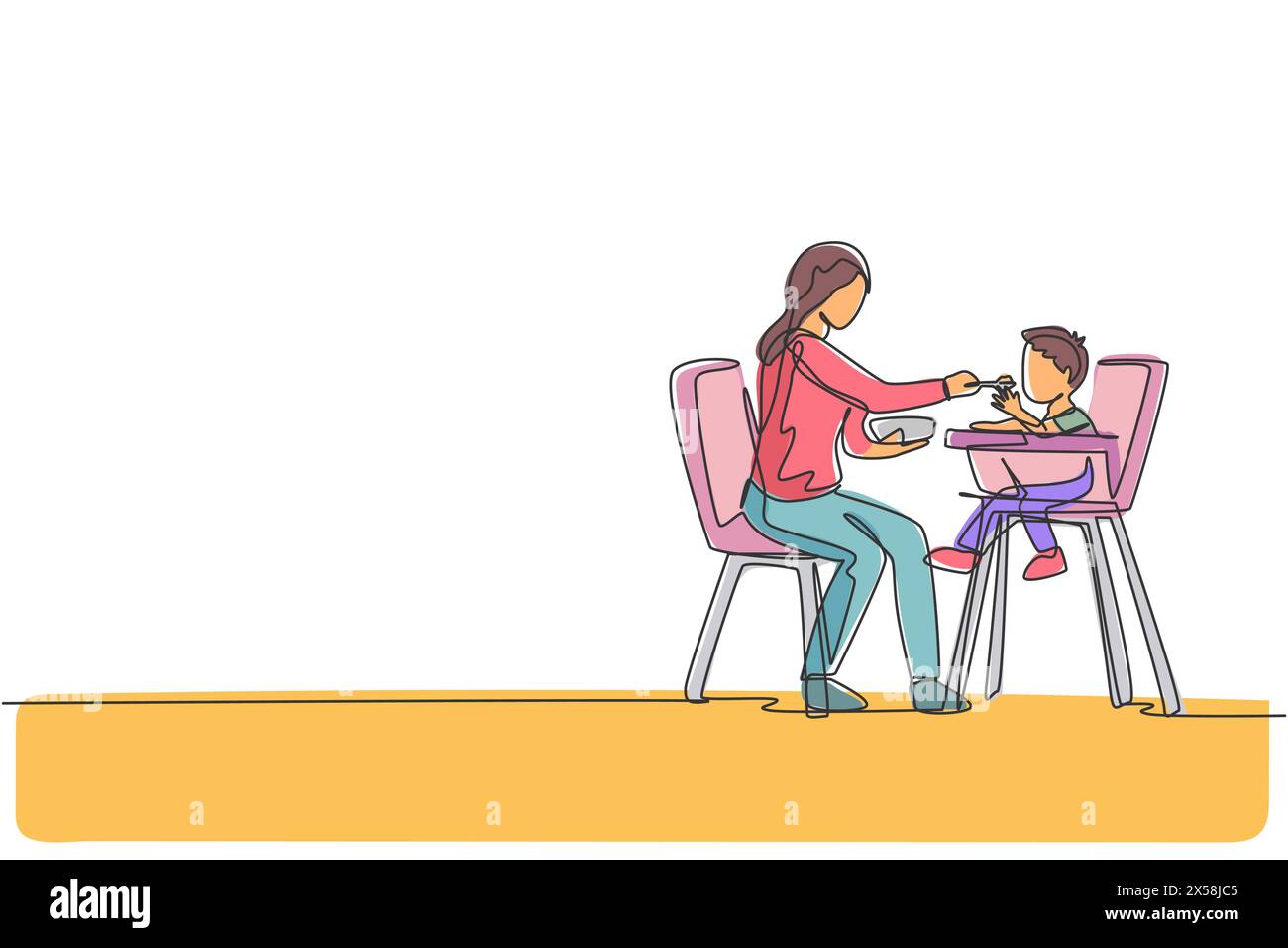 Un disegno su una sola linea della giovane madre che dà da mangiare al figlio un pasto seduto sulla sedia da pranzo del bambino a casa illustrazione grafica vettoriale. Famiglia felice Illustrazione Vettoriale