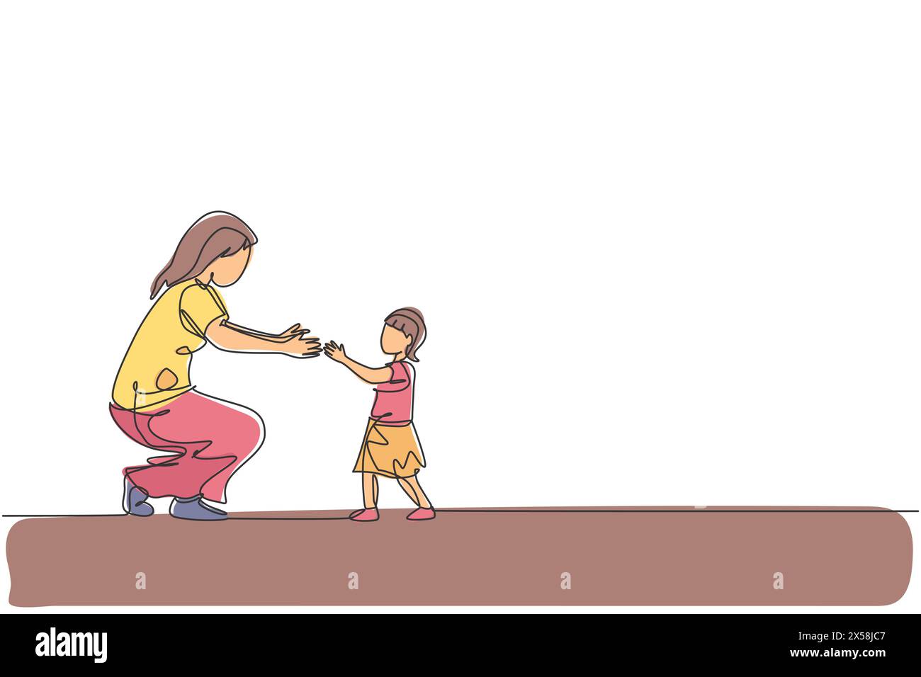Un disegno su una sola linea di giovane madre pronta ad abbracciare figlia che ha imparato a camminare verso di lei a casa illustrazione vettoriale. Conc. Famiglia felice Illustrazione Vettoriale