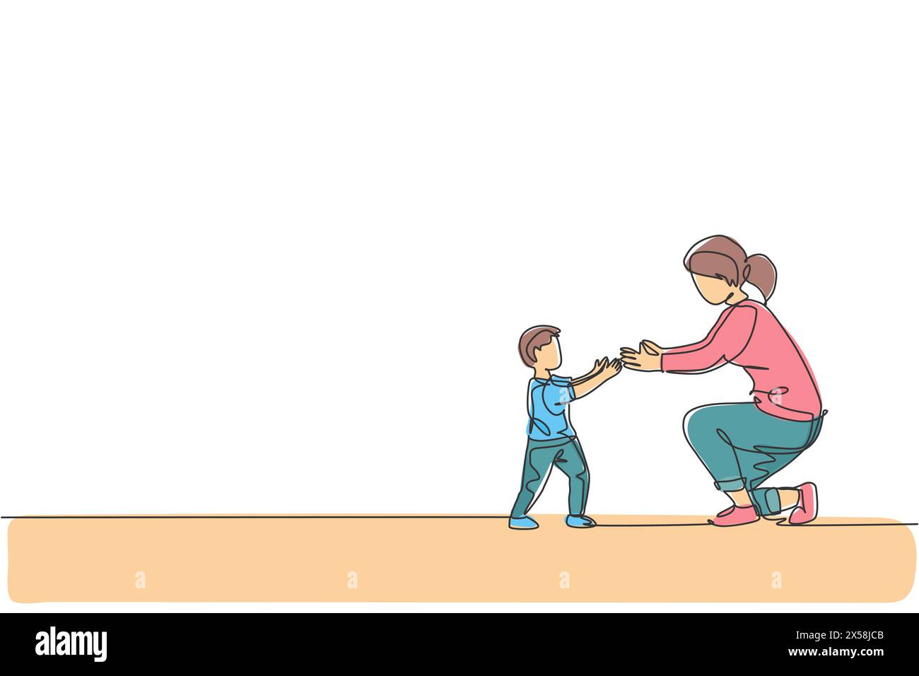 Un unico disegno continuo di una giovane mamma pronta ad abbracciare suo figlio che ha imparato a camminare verso di lei a casa, felice genitorialità. Concetto di cura per gli amanti della famiglia. Illustrazione Vettoriale