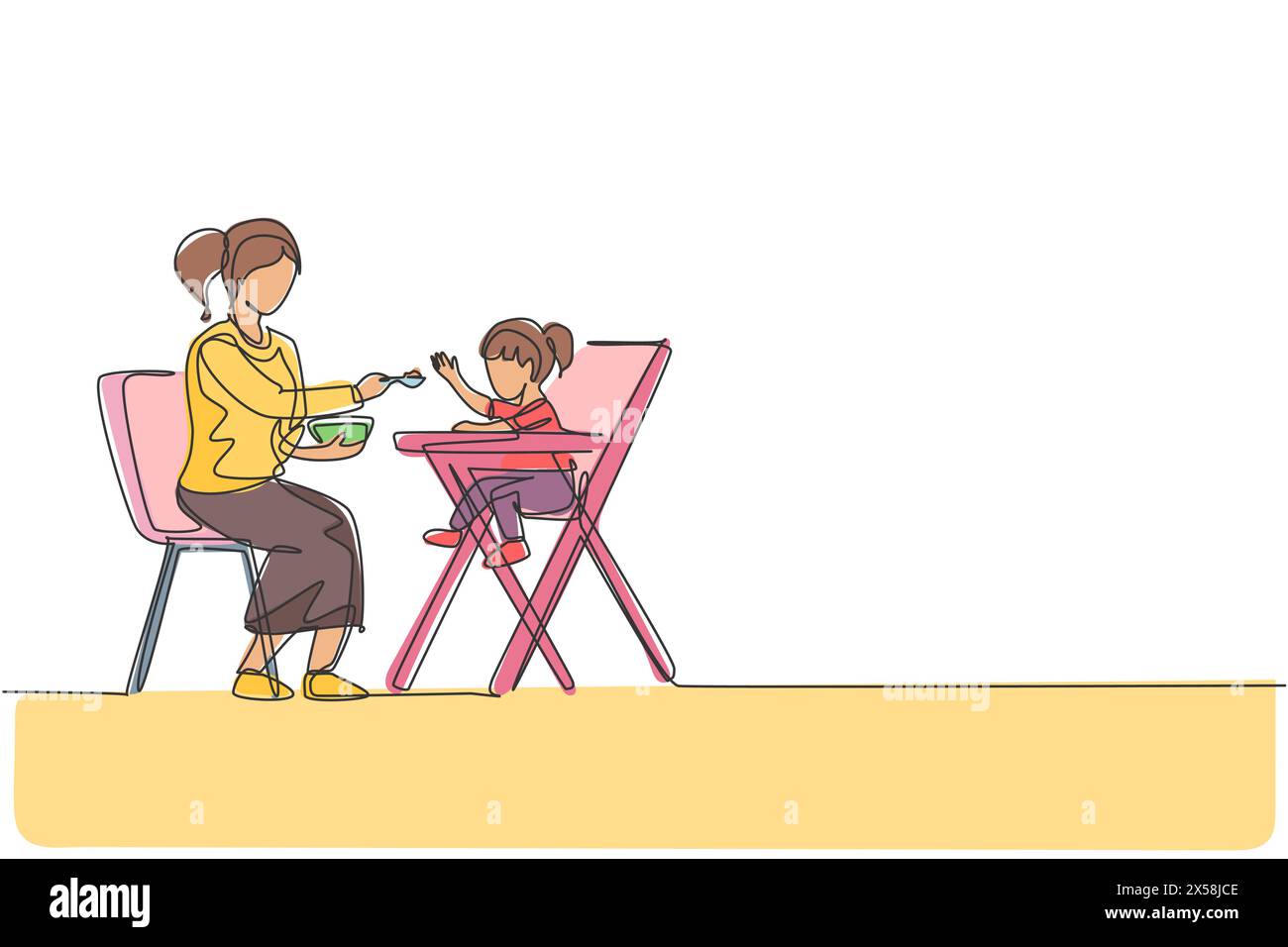 Una linea continua che disegna la giovane mamma che dà da mangiare a sua figlia un pasto che si siede sulla sedia da pranzo del bambino, un'ottima genitorialità. Concetto di cura per gli amanti della famiglia. Alla moda Illustrazione Vettoriale