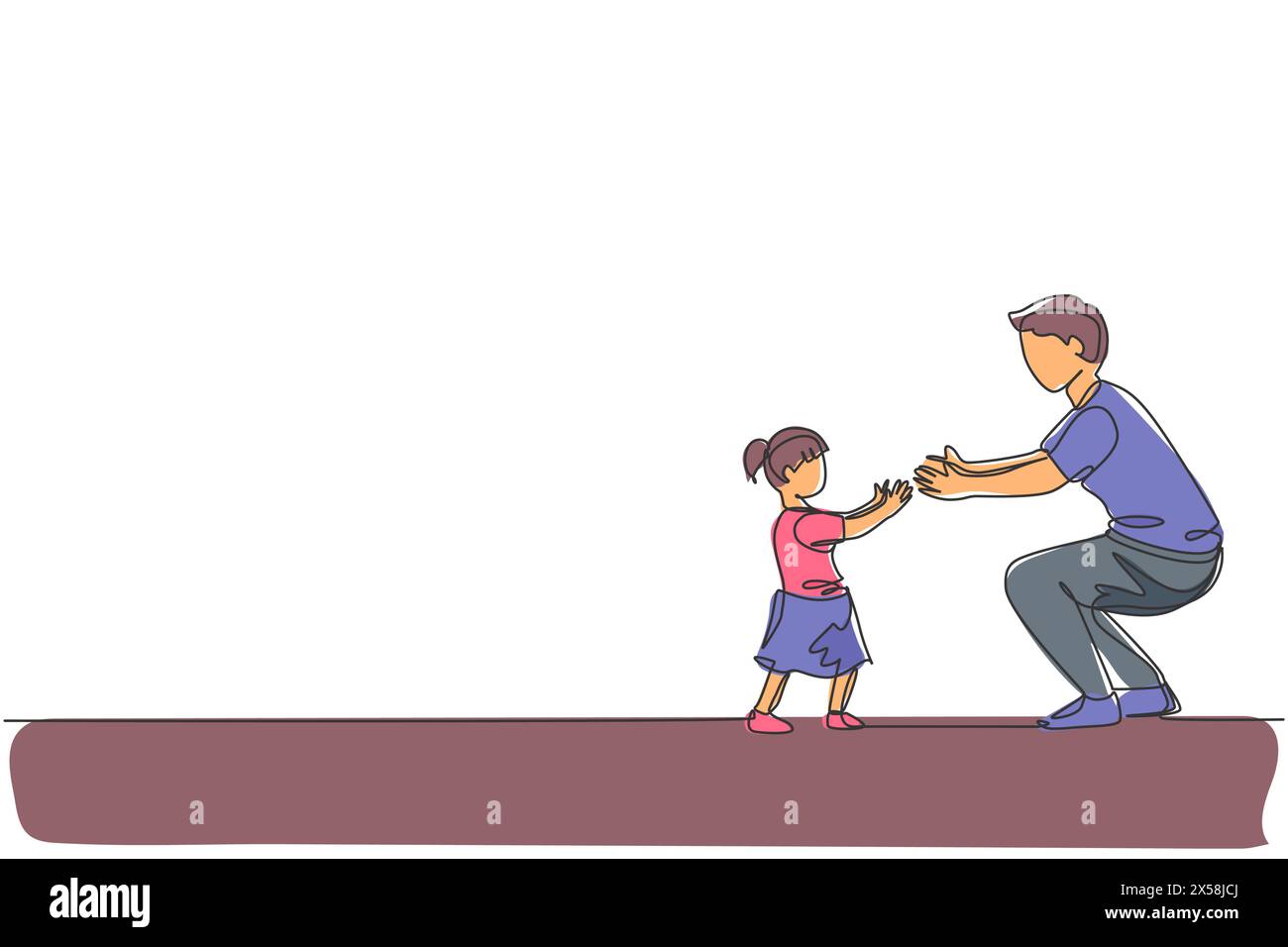 Un disegno continuo di giovane padre pronto ad abbracciare figlia che ha imparato a camminare verso di lui a casa. Concetto di famiglia felice. Singolo dinamico Illustrazione Vettoriale