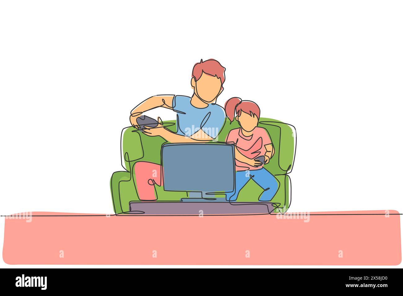 Un unico disegno continuo di padre e figlia seduti sul divano mentre giocano insieme a casa, felice genitorialità. Divertimento per tutta la famiglia Illustrazione Vettoriale