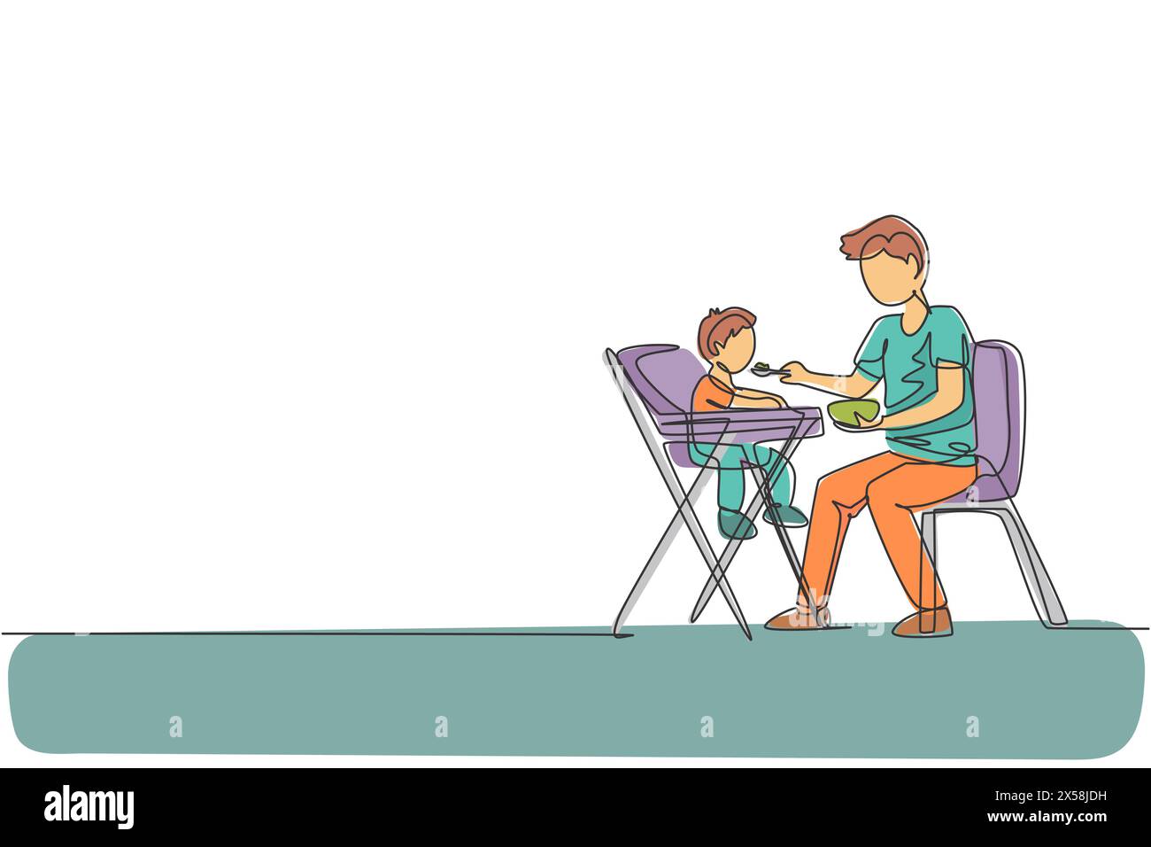 Un unico disegno continuo di un giovane papà che dà da mangiare a suo figlio un pasto che siede sulla sedia da pranzo del bambino, felice genitorialità. Concetto di cura per gli amanti della famiglia. Alla moda Illustrazione Vettoriale