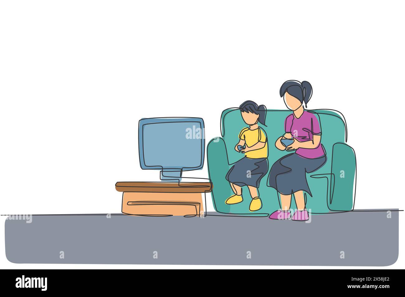 Un unico disegno continuo di mamma e figlia sedute sul divano mentre giocano insieme a casa, felice genitorialità. Divertimento per tutta la famiglia Illustrazione Vettoriale