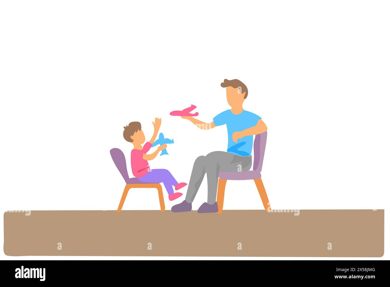 Una sola linea che attira il giovane papà e suo figlio seduti sulla sedia e giocando insieme a un giocattolo aereo a casa, illustrazione grafica vettoriale. Buona famiglia Illustrazione Vettoriale