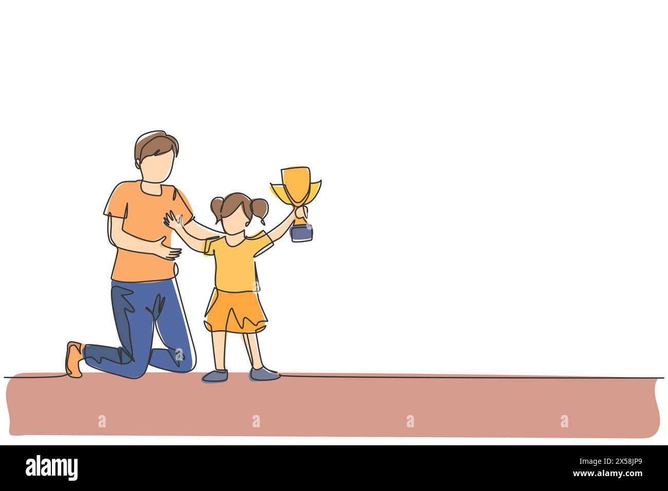 Un disegno su una linea del giovane padre si congratula con la figlia che ha vinto il trofeo del primo posto a studiare illustrazione vettoriale da competizione. Felice famiglia bo Illustrazione Vettoriale