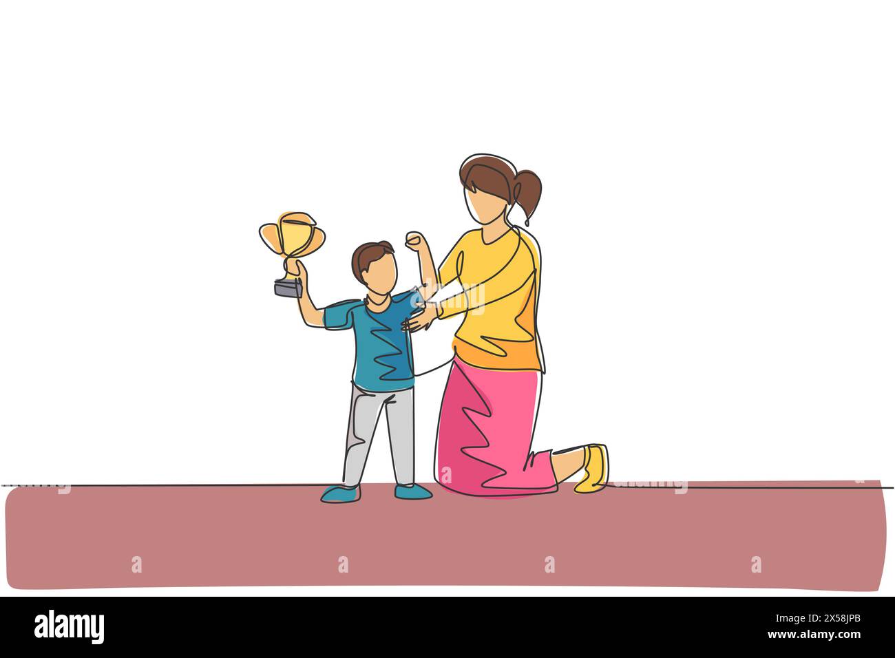 Un unico disegno continuo di giovane madre congratularsi con suo figlio che ha vinto il trofeo del primo posto al concorso di studio. Concetto di famiglia felice. Illustrazione Vettoriale