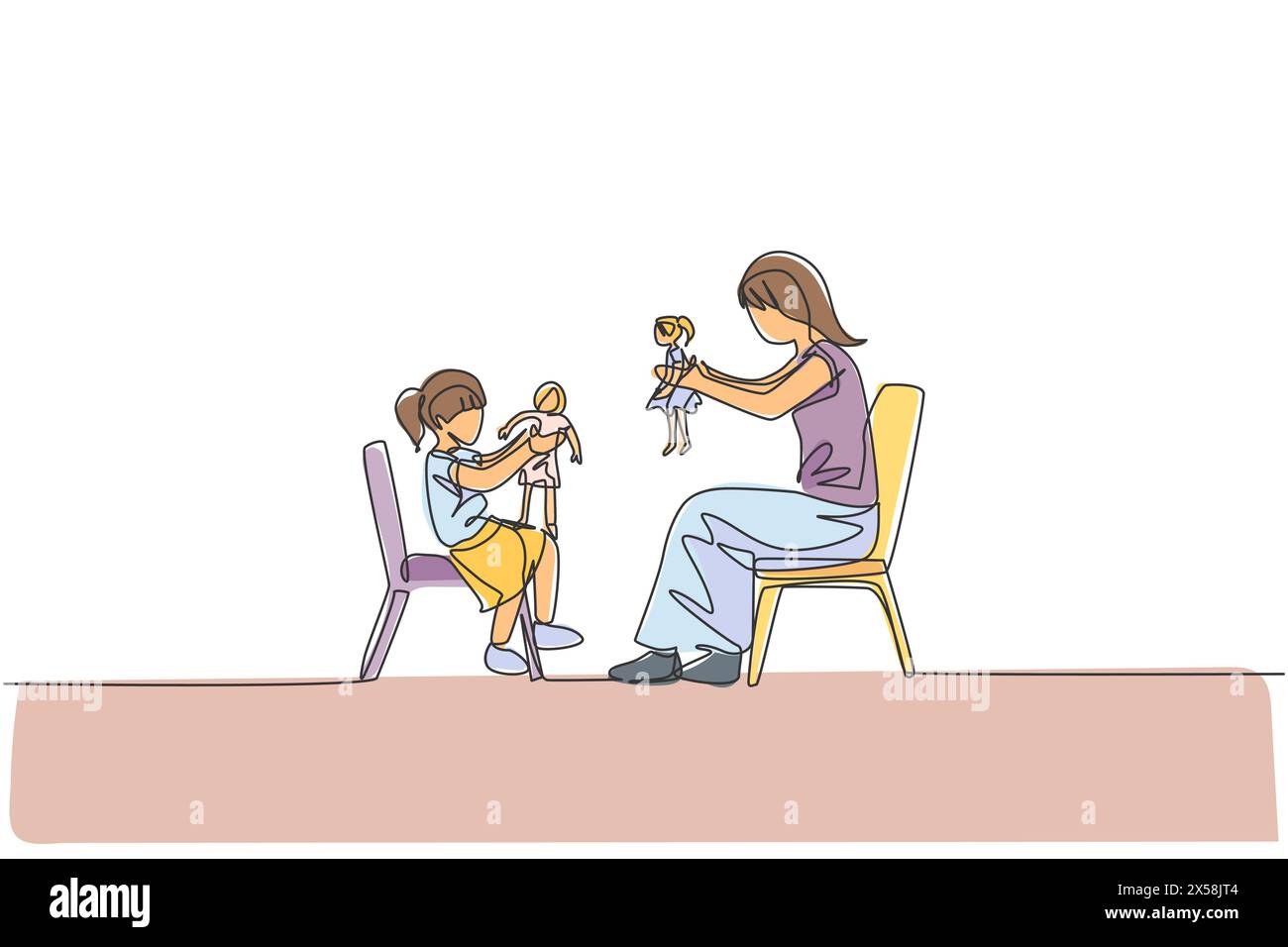 Un disegno su una sola linea della giovane mamma e di sua figlia sedute sulla sedia e giocano insieme a una bambola principessa a casa illustrazione vettoriale. Buona famiglia Illustrazione Vettoriale