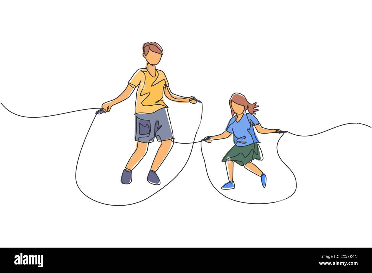 Un disegno continuo di giovane padre e sua figlia si esercitano a saltare saltando la corda nel parco vicino a casa. Un concetto di famiglia felice. Dinam Illustrazione Vettoriale