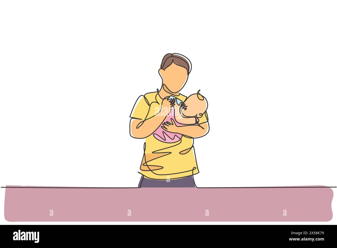 Un disegno su una sola linea del giovane padre che porta e dà da mangiare al bambino con cibo nutriente a casa illustrazione grafica vettoriale. Allievi genitori felici Illustrazione Vettoriale
