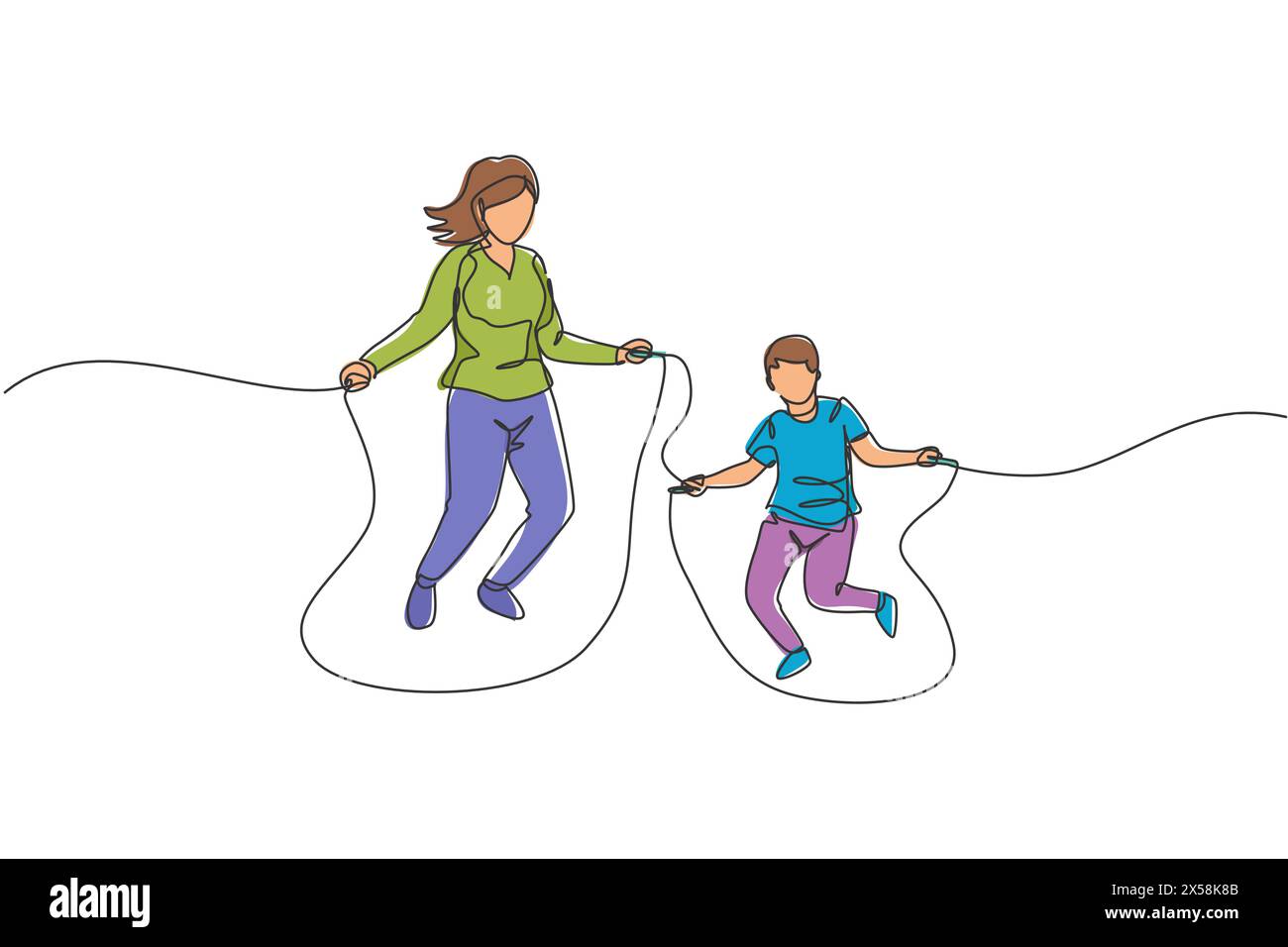 Un disegno continuo di giovane madre e suo figlio si allenano saltando con la corda nel parco vicino a casa. Un concetto di famiglia felice. Si dinamico Illustrazione Vettoriale