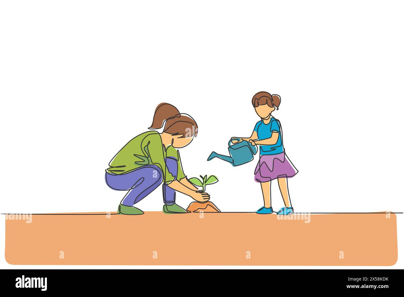 Un disegno su una sola linea della giovane mamma insegna a sua figlia piantare mentre il bambino innaffiava una pianta a casa illustrazione vettoriale del giardino. Felice genitore Illustrazione Vettoriale