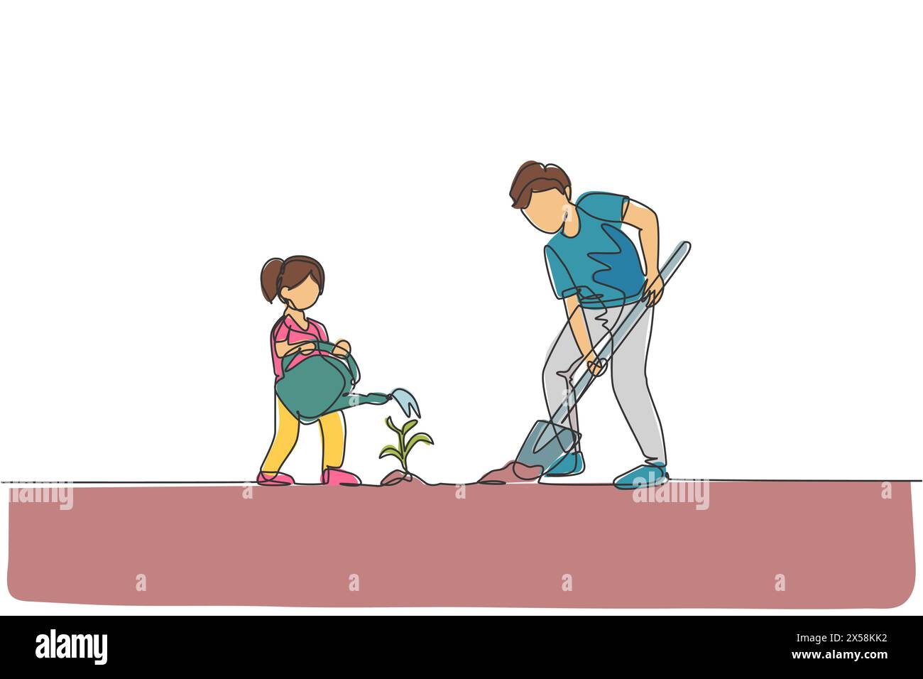 Una linea singola che disegna il giovane padre che scavava terreno usando la pala e la figlia che innaffiava una pianta a casa illustrazione vettoriale del giardino. Felice genitore lea Illustrazione Vettoriale