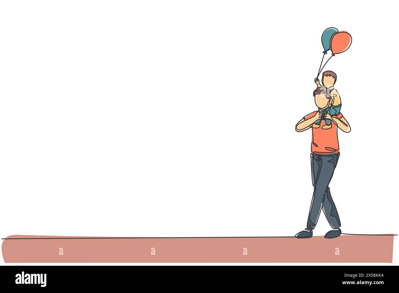 Un disegno su una sola linea di un bambino che tiene in mano un palloncino sulla spalla del padre durante la rappresentazione notturna del carnevale funfair. Felice genitore Illustrazione Vettoriale