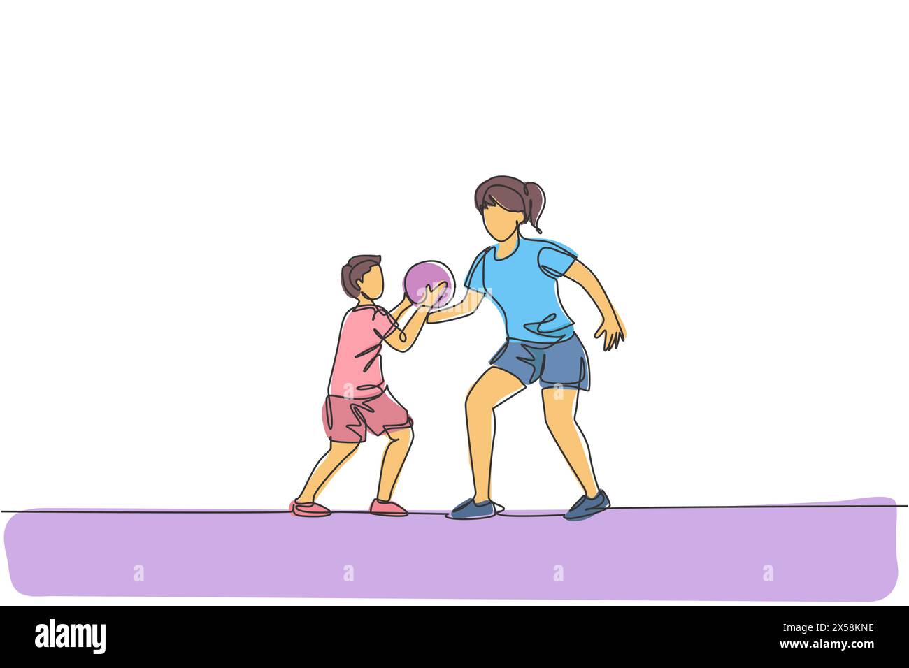 Un unico disegno continuo di una giovane mamma che gioca a basket con suo figlio in campo casalingo. Concetto di famiglia felice. Design alla moda a una linea Illustrazione Vettoriale