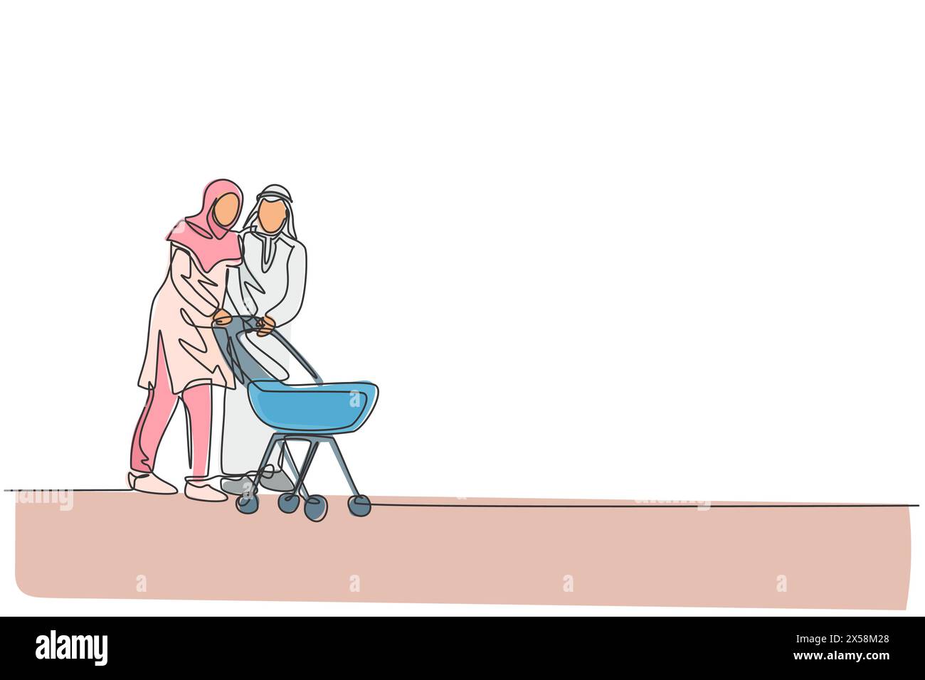 Un disegno su una sola linea di giovani genitori arabi cammina e spinge il trolley per bambini all'esterno del parco. Famiglia musulmana islamica felice Illustrazione Vettoriale