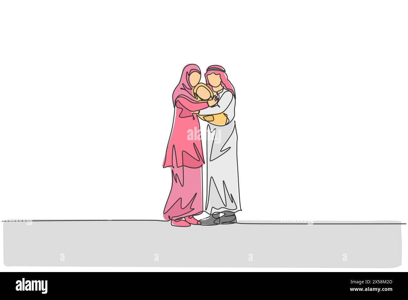 Un disegno su una sola linea del giovane padre arabo e della madre che abbracciano il loro bambino pieno di illustrazione vettoriale d'amore. Musulmano islamico famiglia felice genitorialità Illustrazione Vettoriale