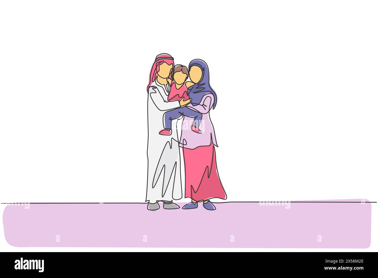 Un unico disegno continuo di giovane madre e padre islamici felici che abbracciano e sollevano insieme il loro figlio maschio. Famiglia musulmana felice genitorialità conc Illustrazione Vettoriale