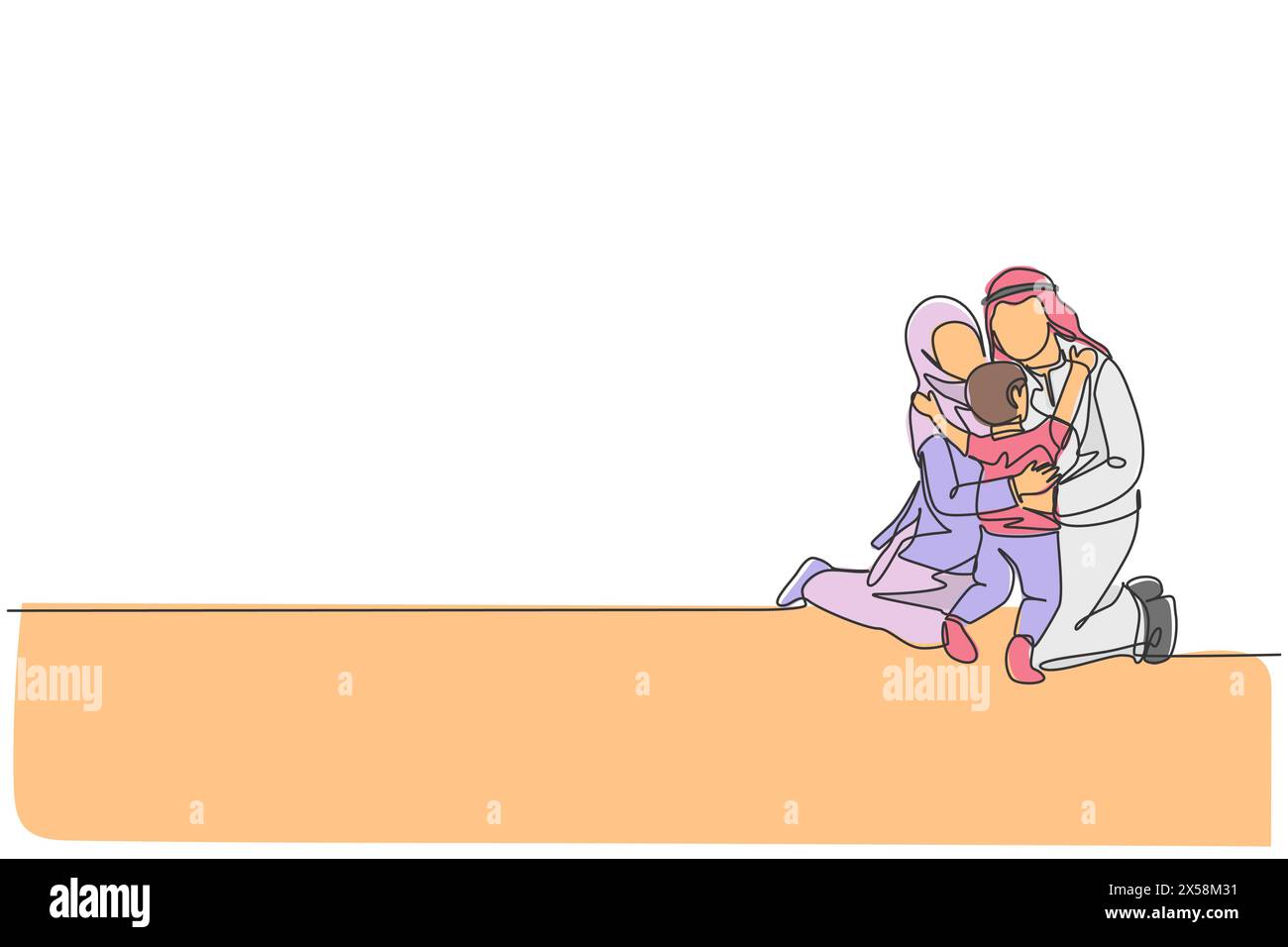 Un disegno continuo di giovane mamma e papà islamici felici che abbracciano il loro figlio maschio insieme sul pavimento. Concetto di famiglia musulmana felice. DIN Illustrazione Vettoriale