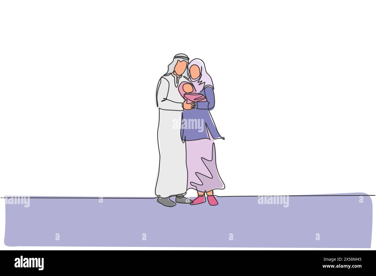 Un disegno continuo di giovani papà e mamma islamici in piedi e abbracciano il loro bambino sonnolento. Concetto di famiglia felice musulmana araba. Dynami Illustrazione Vettoriale