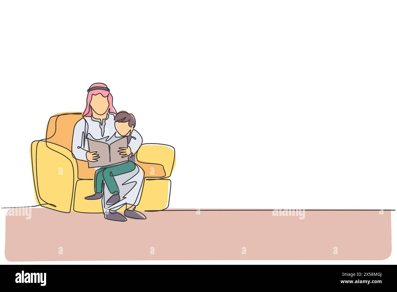 Un solo disegno su una linea del giovane padre arabo seduto sul divano con suo figlio per leggere un'illustrazione vettoriale di un libro. Felice famiglia musulmana musulmana genitoriale co Illustrazione Vettoriale