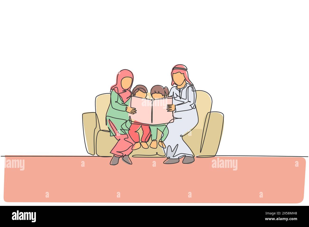 Disegno in linea singola continua di una giovane famiglia araba seduta sul divano a leggere un libro. Concetto di famiglia felice musulmana islamica. Alla moda Illustrazione Vettoriale