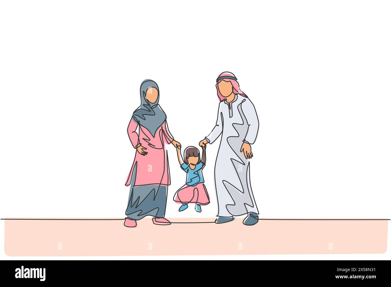 Un unico disegno continuo di giovani mamme e papà islamici che giocano e tengono la mano della figlia, genitori felici. Concetto arabo di cura della famiglia. T Illustrazione Vettoriale