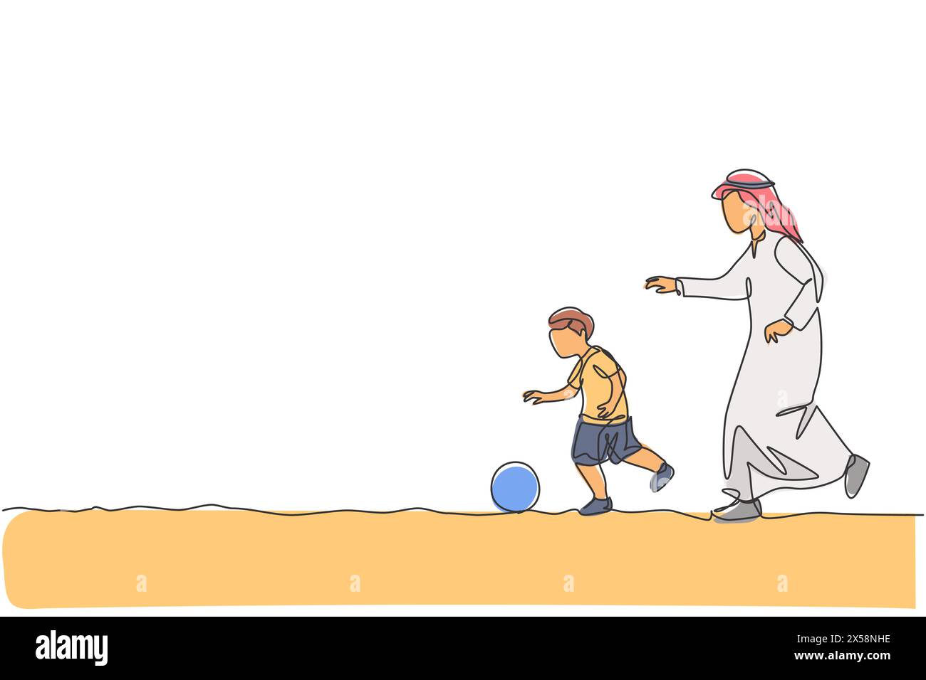 Un disegno continuo del giovane padre arabo e di suo figlio che corrono e giocano a calcio. Felice islamico musulmano amorevole genitorialità concetto di famiglia. Diam Illustrazione Vettoriale