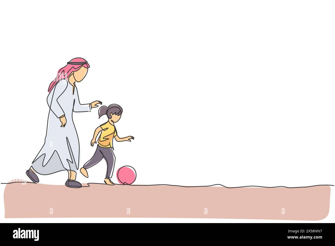 Un disegno su una sola linea del giovane papà arabo che gioca a calcio con la figlia al campo di illustrazione vettoriale del parco. Felice famiglia musulmana islamica pare Illustrazione Vettoriale