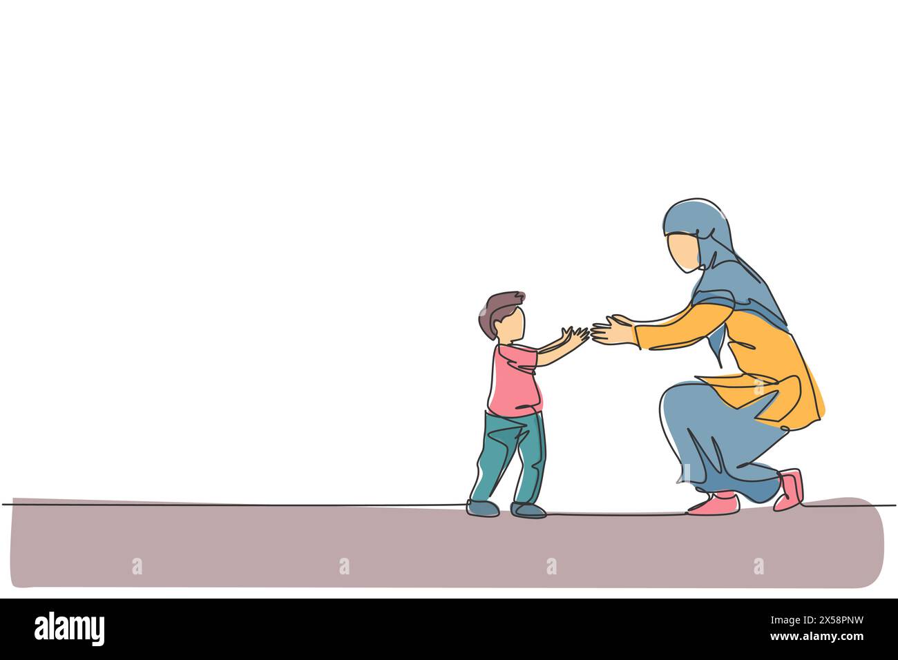 Un disegno su una sola linea di un giovane bambino islamico impara a camminare verso la madre e pronto a catturare l'illustrazione vettoriale. Felice paren della famiglia Araba musulmana Illustrazione Vettoriale